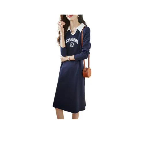Mo Han Yi Mei Long Sleeved Dresses Women's Navy Blue