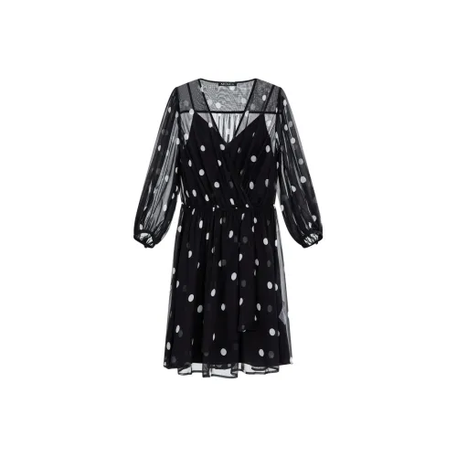 MO&CO Long Sleeved Dresses Women's Black White Polka Dot