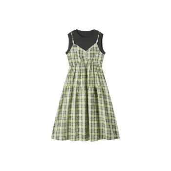 EICHITOO SS24 Sleeveless Dress Women's Light Green Plaid
