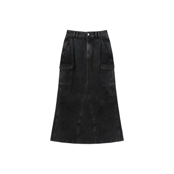 PEACEBIRD Denim Long Skirts Women's Denim Medium Black