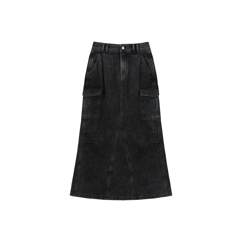 PEACEBIRD Denim Long Skirts Women's Denim Medium Black-0
