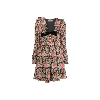 Alessandra Rich Rose Printed V Neck Mini Dress