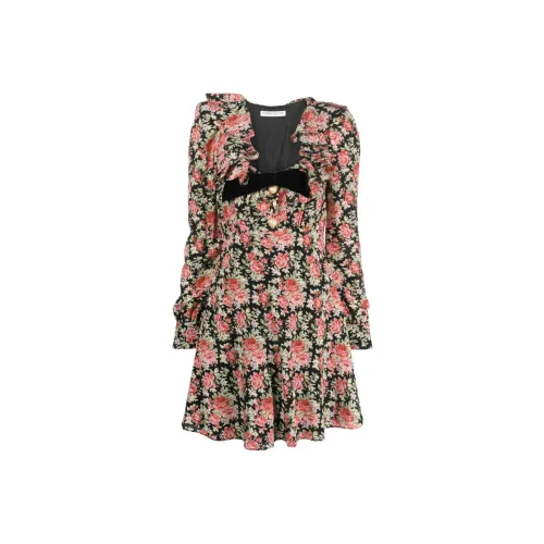 Alessandra Rich Rose Printed V Neck Mini Dress
