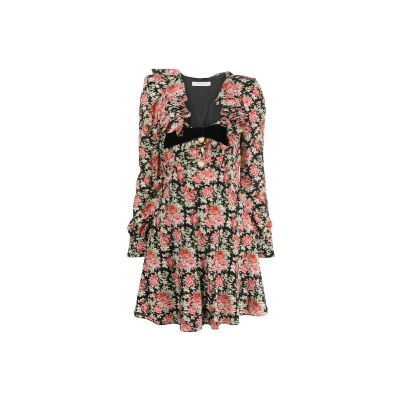 Alessandra Rich Rose Printed V Neck Mini Dress-0