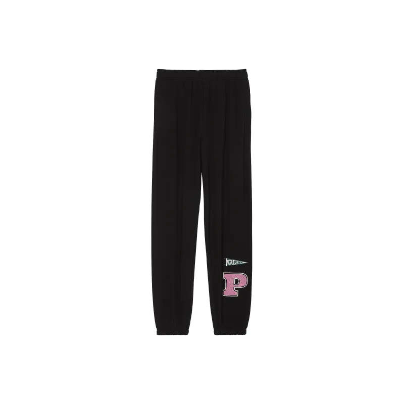 Victoria's Secret PINK Ivy Fleece Campus Sweatpants/Pure Black TS Knitted Sports Pants Women's Pure Black Team Spirit-0