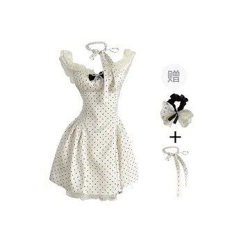 PAVEA Short Sleeved Dress Women's Apricot+Collar+Hair Tie Comes With