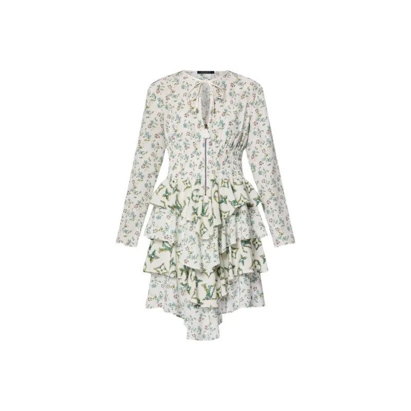 LOUIS VUITTON Floral Print Long Sleeved Tiered Dress-0