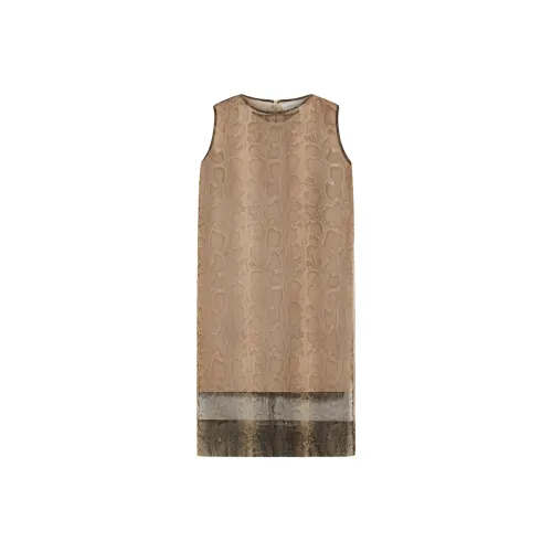 MaxMara Cubano Collection Python Print Organza Dress Sleeveless Dress Women's Beige