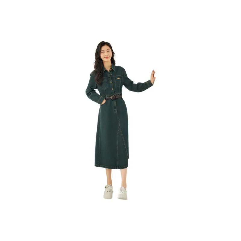 VIMLY Long Sleeved Dresses Women's Dark Denim Blue-0