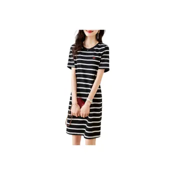 Mo Han Yi Mei Short Sleeved Dress Women's Black White Stripes