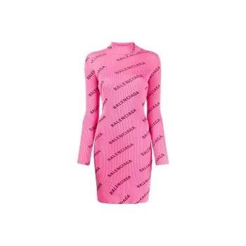 Balenciaga Printed Ribbed Knit Dress Pink