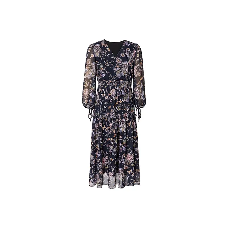 Hopeshow Long Sleeved Dress Women's Black Sole Pink Floral-0