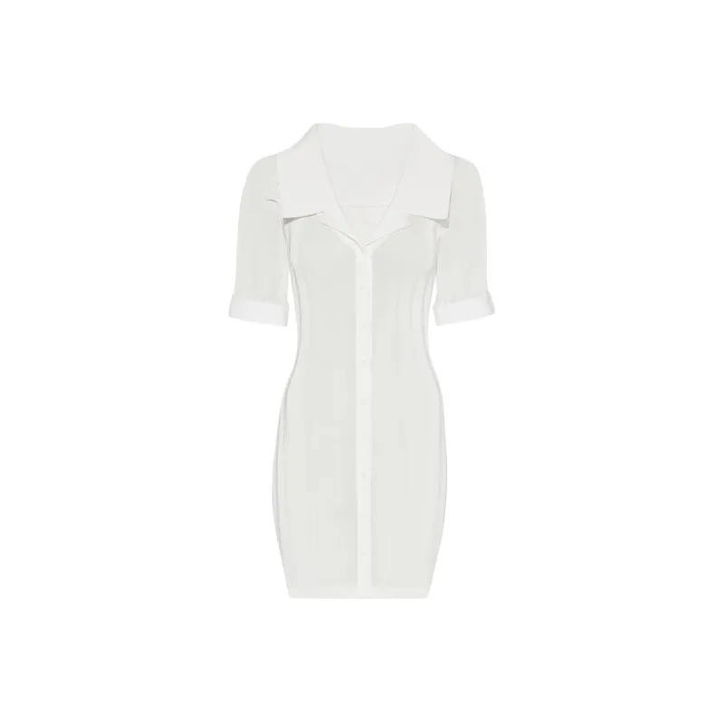 Jacquemus Knitted Mini Shirt Dress Short-Sleeved Dresses Women's White-0