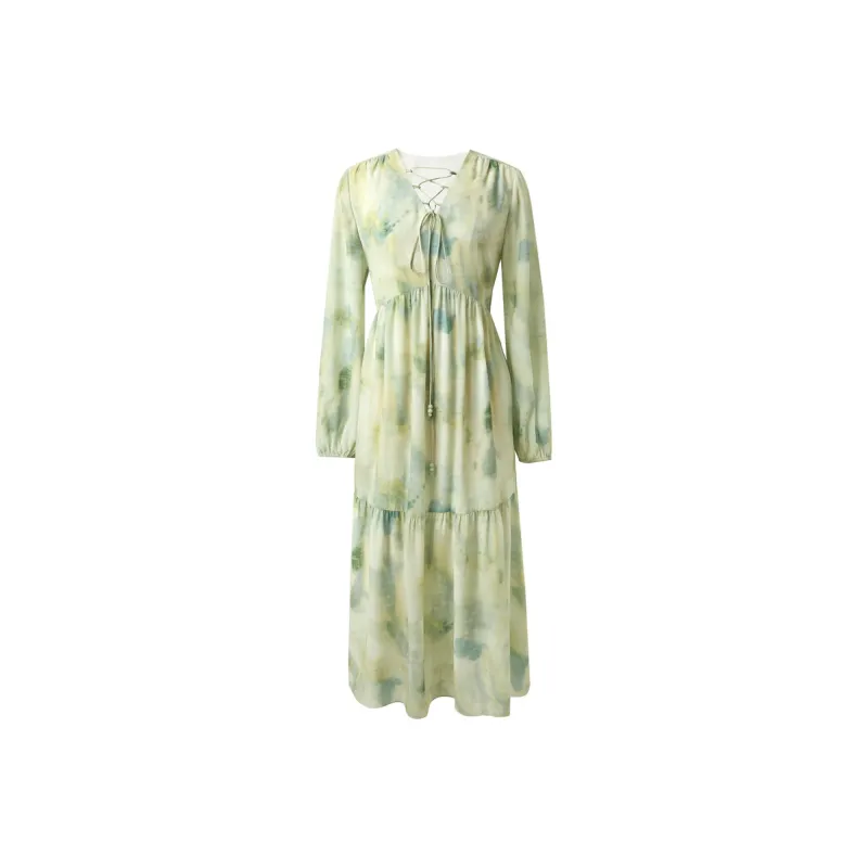 3COLOUR Long Sleeved Dress Women's Green Beige Floral-0