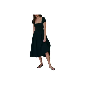 FREE PEOPLE Ciara Pucker Check Midi Short-Sleeved Dresses Women's Black