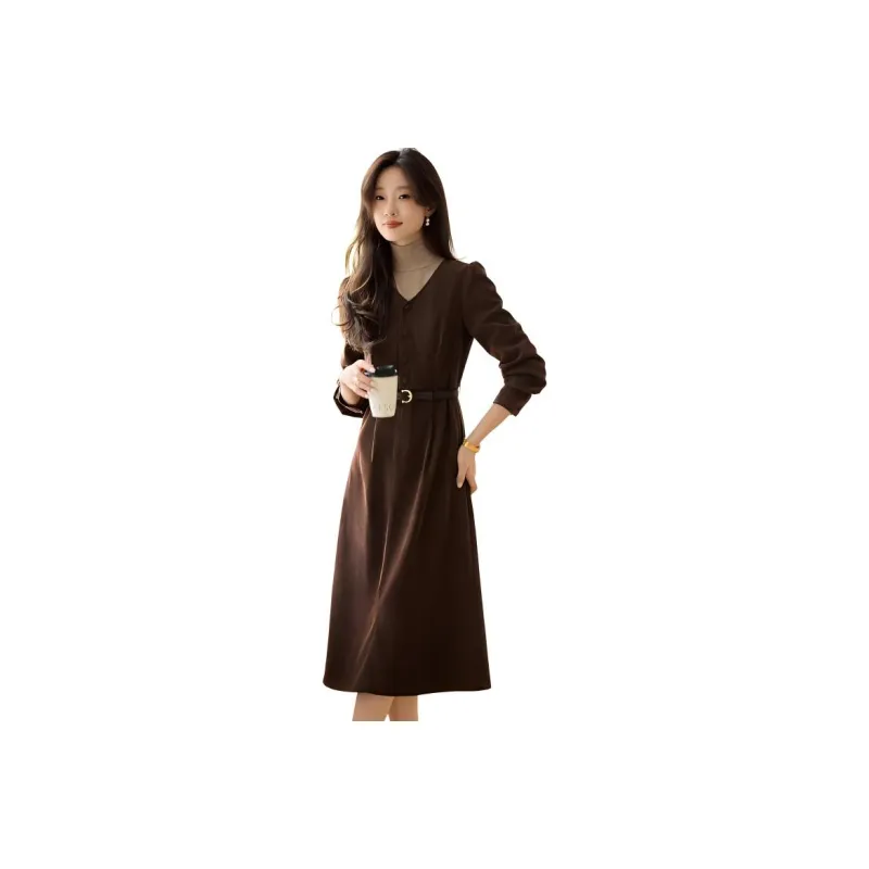 Mo Han Yi Mei Long Sleeved Dresses Women's Dark Coffee-0