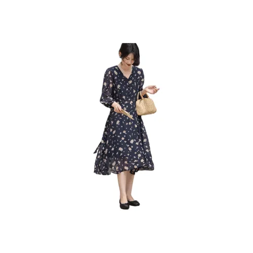 【dme】 Long Sleeved Dress Women's Navy Blue