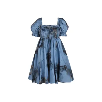 Selkie Collection Short Sleeved Dresses Women's DEGAS BLUE With Blue Background And Degas Dance, Girlish Outline Print
