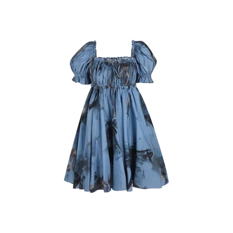 Selkie Collection Short Sleeved Dresses Women's DEGAS BLUE With Blue Background And Degas Dance, Girlish Outline Print-0
