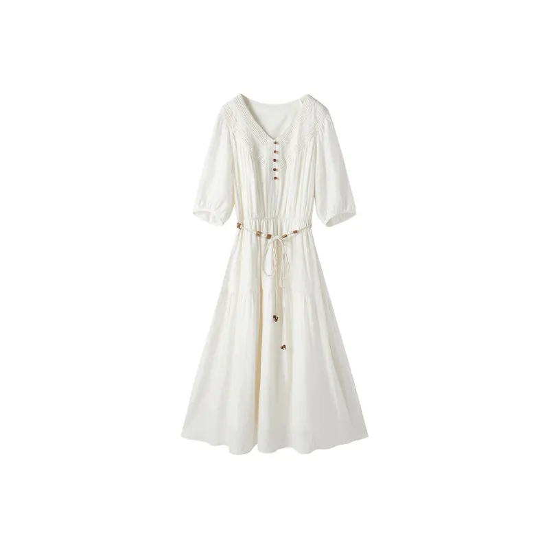 XIANGYING Short Sleeved Dress Women's Beige-1