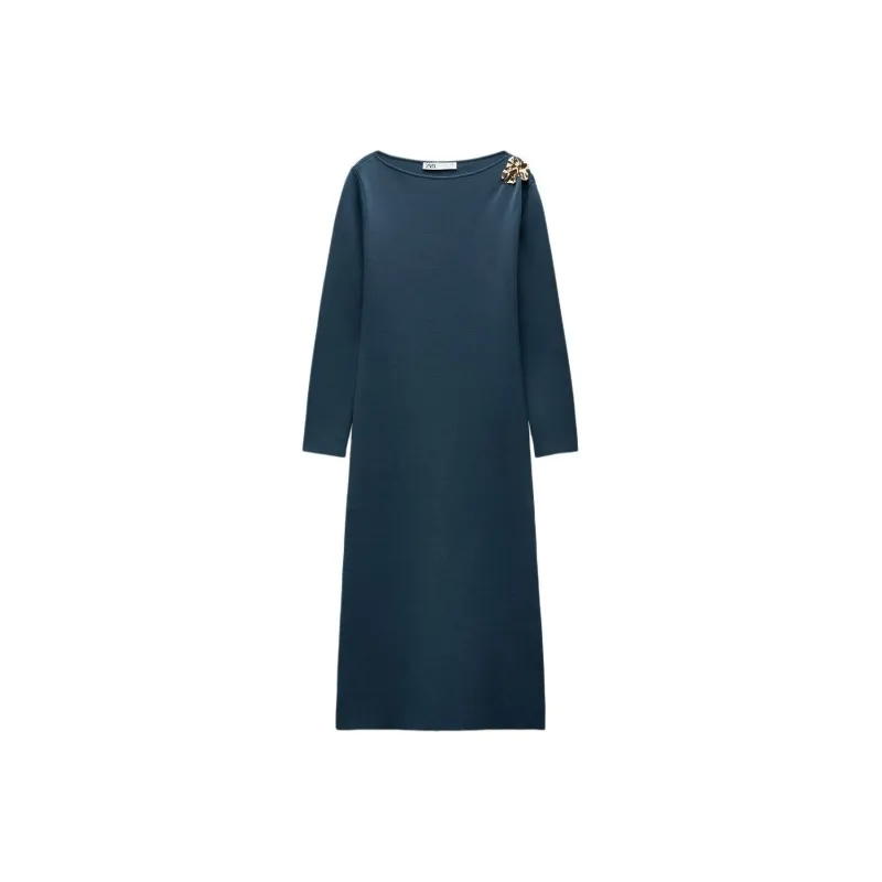 ZARA Long Sleeved Dress Women's Duck Blue-0