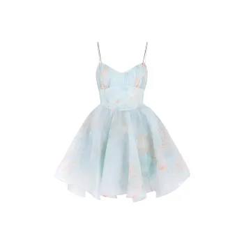 Selkie Collection SS24 Slip Dresses Women's Light Blue Base With Mint Herbal Print
