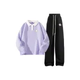 [Thickened and Fleece-Lined]Purple (Stacked Cat Lying Down Chest Logo)+Black (Stacked Cat Lying Down Pants Logo)