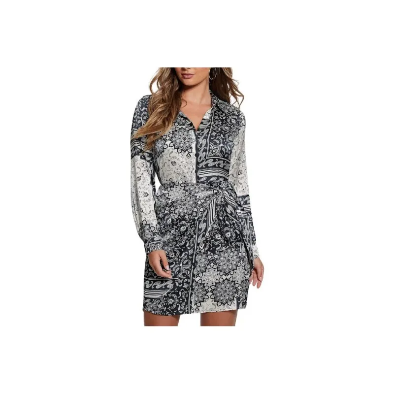 GUESS Eco Alya Printed Dress Long-Sleeved Dresses Women's Black White-0