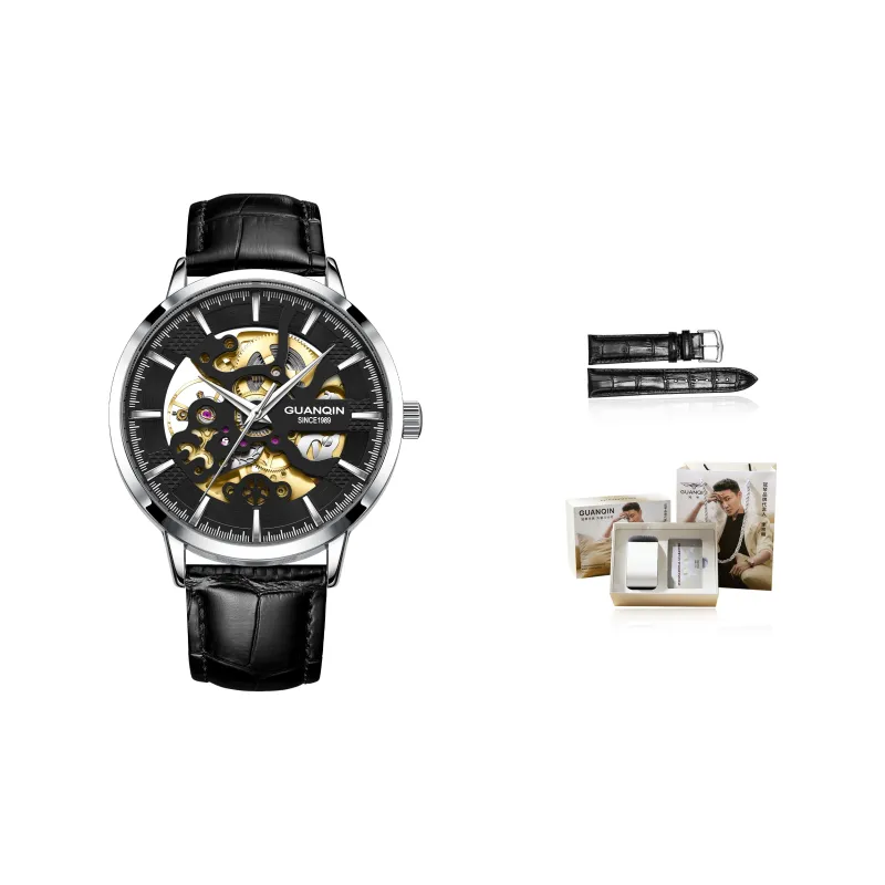 GUANQIN Brogues Collection Automatic Mechanical Movement Leather Strap Watch Men's Watches Black Dial-14