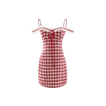 Blovelan Slip Dress Women's Strawberry Red Plaid