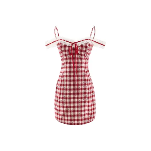 Blovelan Slip Dress Women's Strawberry Red Plaid
