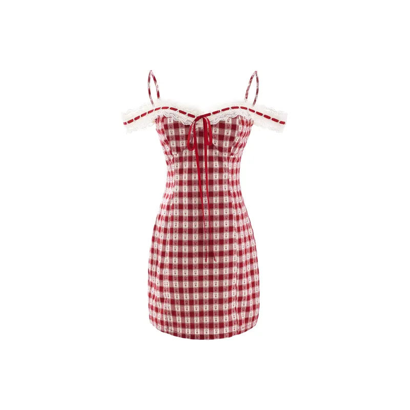 Blovelan Slip Dress Women's Strawberry Red Plaid-0