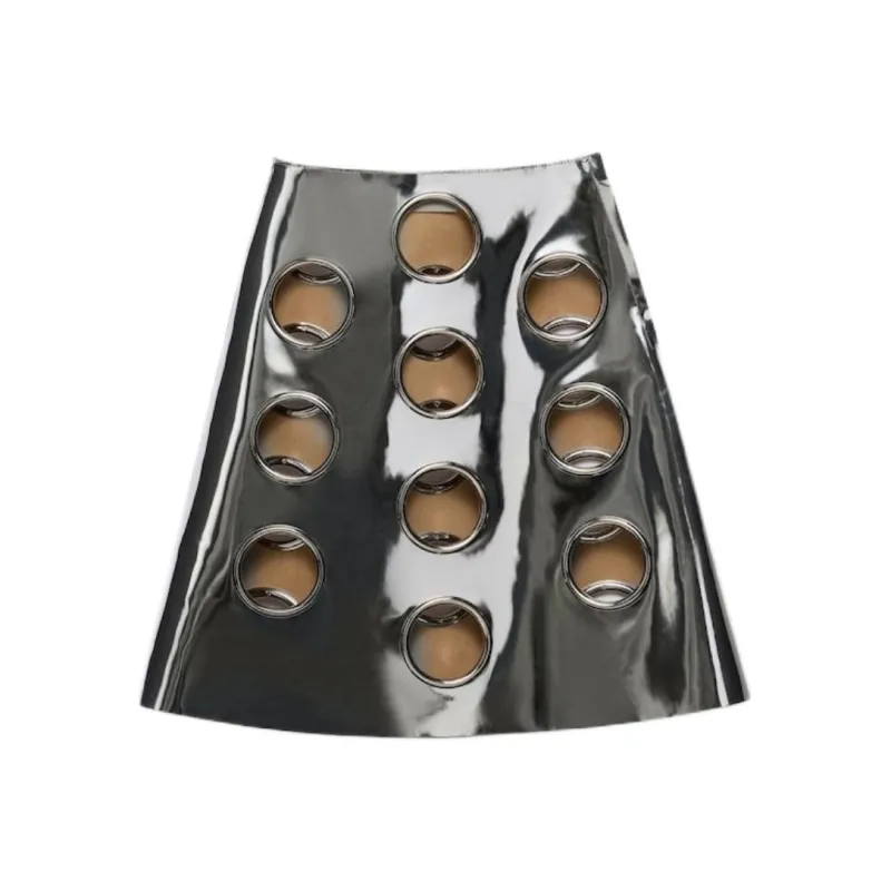 PRADA Leather Long Skirt Women's Silver-0