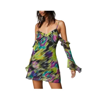 NASTY GAL Floral Strappy Cold Shoulder Chiffon Mini Dress Long-Sleeved Dresses Women's Black