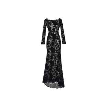 Oscar De La Renta Peony Off-shoulder Velvet Guipure Gown