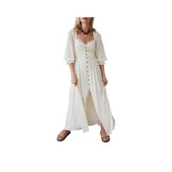 FREE PEOPLE Magdalia Maxi Long-Sleeved Dresses Women's Egret/White Egret Color