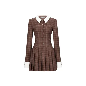 Girly Fancy Club Long-Sleeved Dresses Women's Brown Coffee Plaid