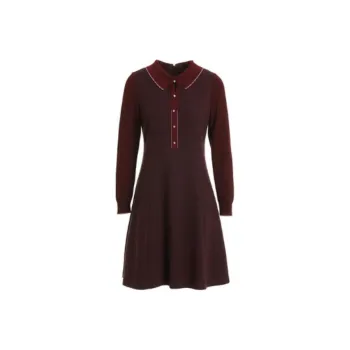 QIAOWANNI Long Sleeved Dresses Women's Burgundy Houndstooth