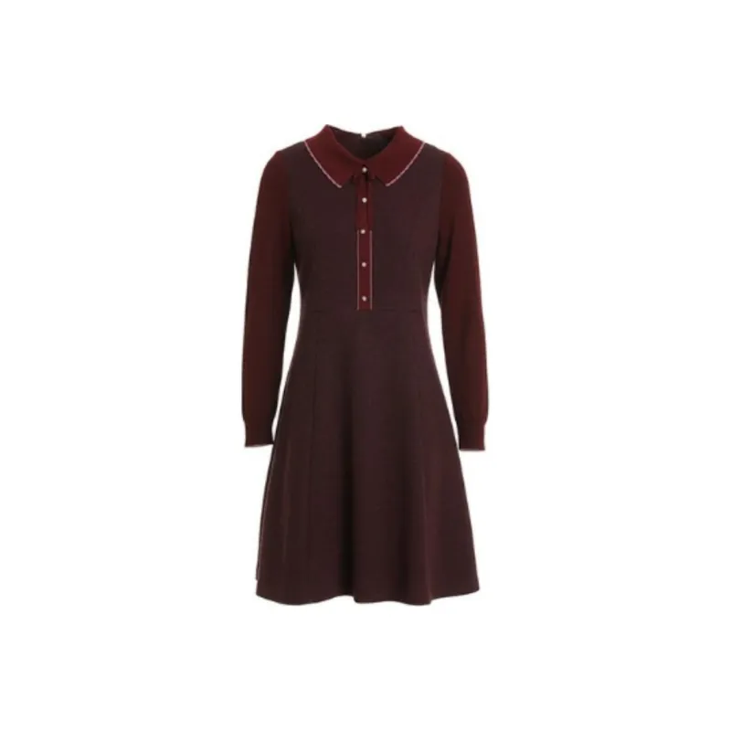 QIAOWANNI Long Sleeved Dresses Women's Burgundy Houndstooth-0