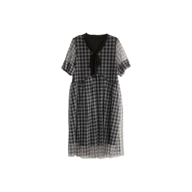PIERRE CARDIN Short Sleeved Dress Women's Black Plaid-0