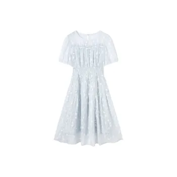 DIALOGUE Short Sleeved Dress Women's Gray Blue Small Flower