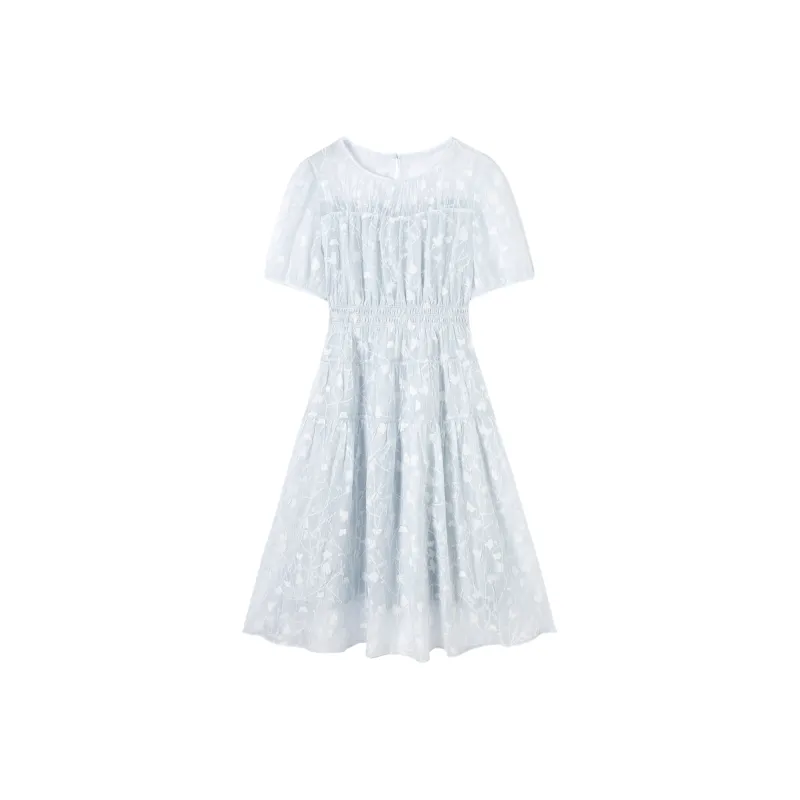 DIALOGUE Short Sleeved Dress Women's Gray Blue Small Flower-0