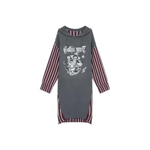 ELF SACK Long Sleeved Dress Women's Stripes Walnut Gray