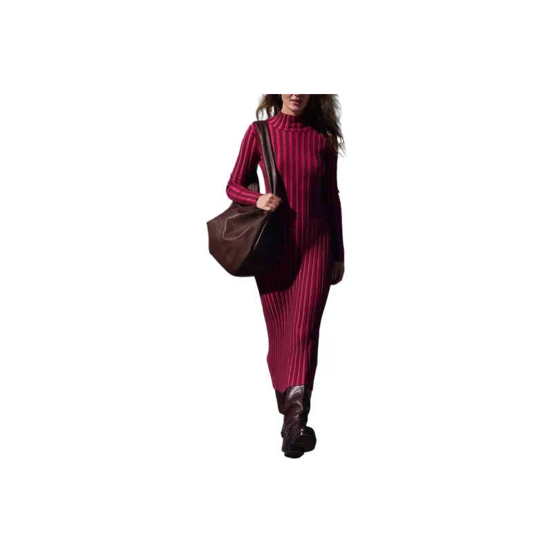 FREE PEOPLE Lucia Sweater Maxi Long-Sleeved Dresses Women's Maroon Combo/Chestnut Combination-0