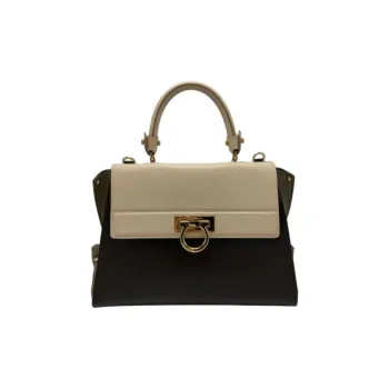 FERRAGAMO Leather Shoulder Bag, Crossbody Bag, Handbag Women's Beige & Black
