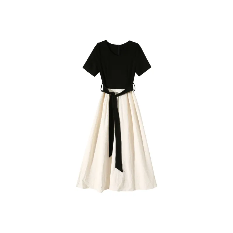 GUOZHEN Short Sleeved Dress Women's Black White-0