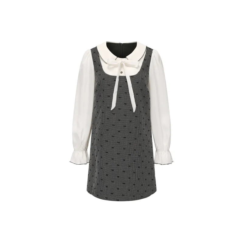 CHIWAWAMEME Long Sleeved Dress Women's Gray & Beige-0