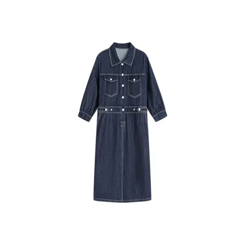 Famanxuan Long-Sleeved Dresses Women's Denim Blue
