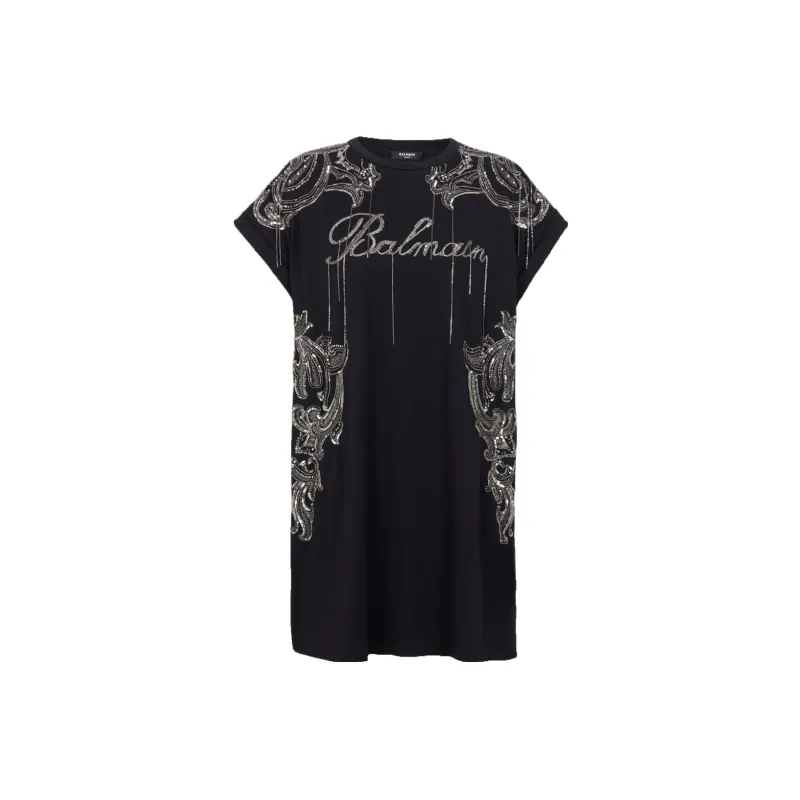 BALMAIN Sleeveless Embroidered Paisley Chains Short Dress 'Black/Old Silver'-0