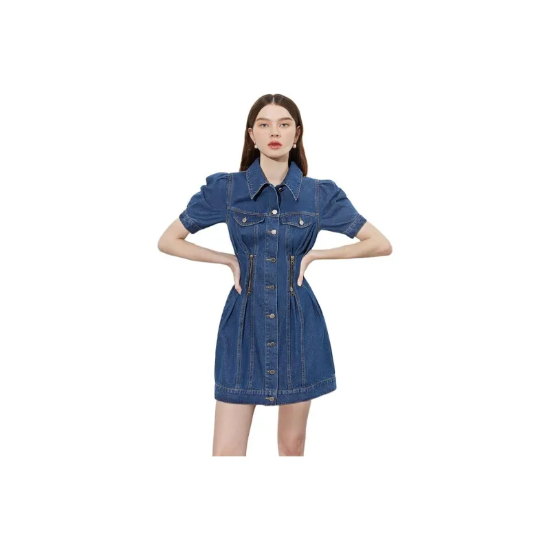 DPLAY Short Sleeved Dress Women's Dark Denim Blue-0